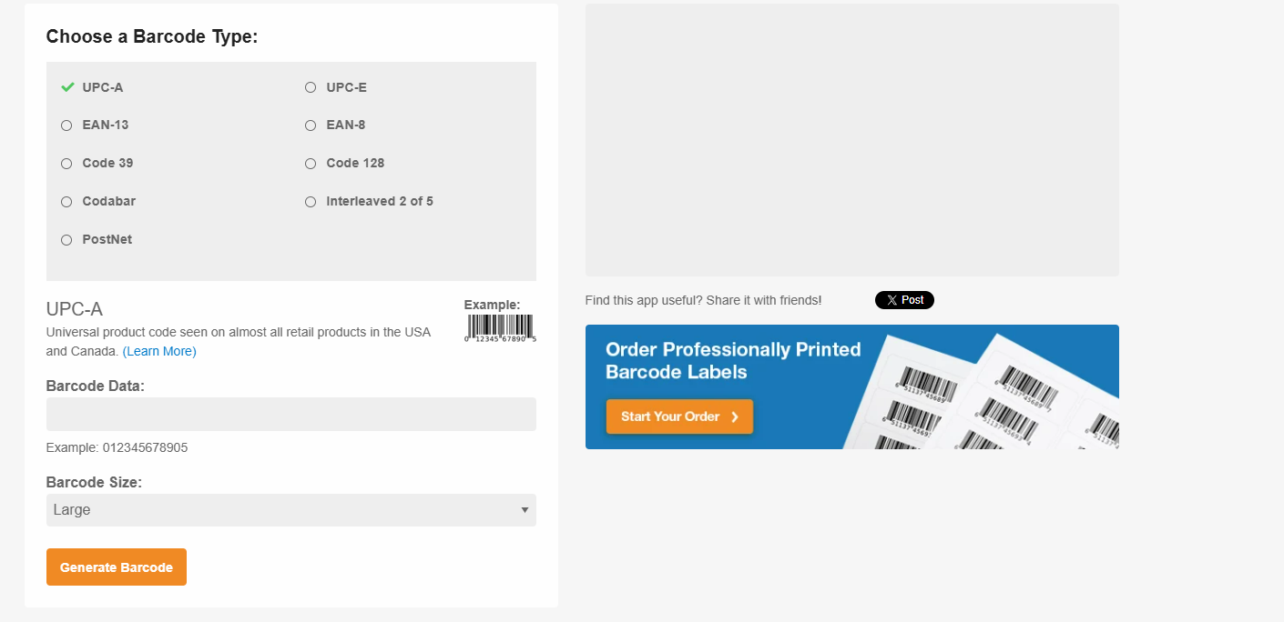 OnlineLabels barcode generator for printable product labels